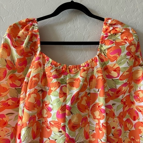 Cider Orange Floral Long Puff Sleeve Tie Front Mini Dress Resort Vacation Size S - Picture 11 of 12